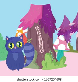 wonderland, cat mushroom tree nature cartoon vector illustration