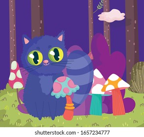 wonderland, cat mushrooms foliage vegetation grass vector illustration