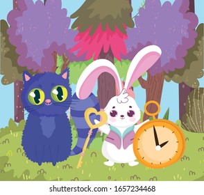 Wunderland, Katze und Kaninchen-Schlüsseluhren-Bäume Waldgras Vektorillustration