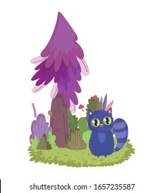 wonderland, cat tree foliage mushroom meadow vector illustration