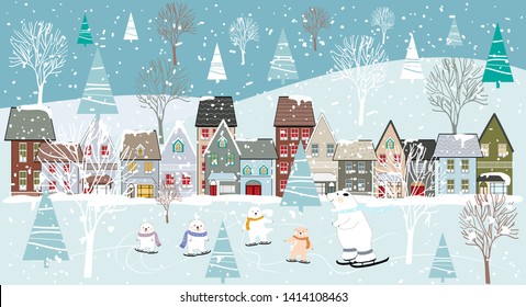 Wonderland Christmas landscape in the town with fairy tale house, polar bear playing ice skates in snowing, Panorama flat design Winter city life in holiday eve, Christmas and new year background