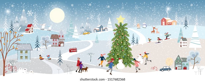 Wonderland Christmas landscape in the town with fairy tale house,polar bear playing ice skates in the park, Winter landscape at night in the city with people having fun celebration on  New Year's eve 