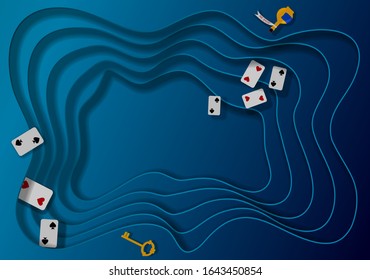 Wonderland fantastic landscape with card, key, poison in rabbit hole. Vector illustration, cut paper background