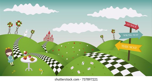 Maravilloso paisaje con rosas. Alice y el conejo blanco. Banner horizontal, ilustración vectorial