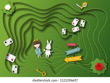 Wonderland fantastic landscape with white and red roses. Alice and the white rabbit in rabbit hole. Vector illustration(the characters in fantasy tales Alice in wonderland) cut paper background