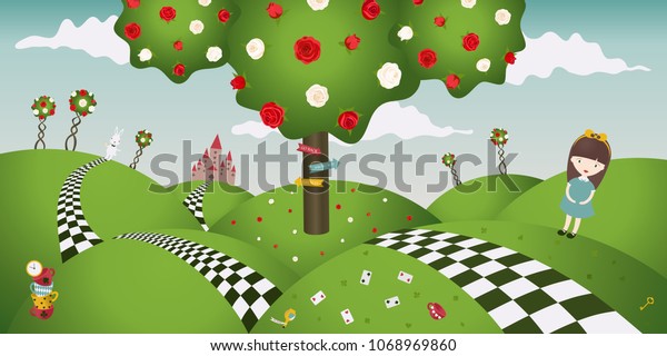 白いバラと赤いバラのあるワンダーランドの幻想的な風景 アリスと白うさぎ 横断幕 ベクターイラスト 空想物語のアリスと不思議の国の登場人物 のベクター画像素材 ロイヤリティフリー