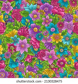 Wonderland floral seamless pattern. Bright colored flowers and leaves. daisies, roses, buttercups, marigolds, asters, dahlias and others. Texture for fabric, wallpaper, print