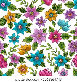 Wonderland floral seamless pattern. Bright colored flowers and leaves. daisies, buttercups, marigold sand others. Texture for fabric, wallpaper, print