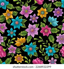 Wonderland floral seamless pattern. Bright colored flowers and leaves. daisies, buttercups, marigold sand others. Texture for fabric, wallpaper, print