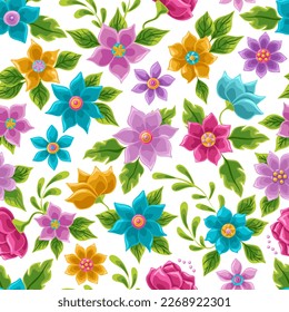 Wonderland floral seamless pattern. Bright colored flowers and leaves. daisies, buttercups, marigold sand others. Texture for fabric, wallpaper, print