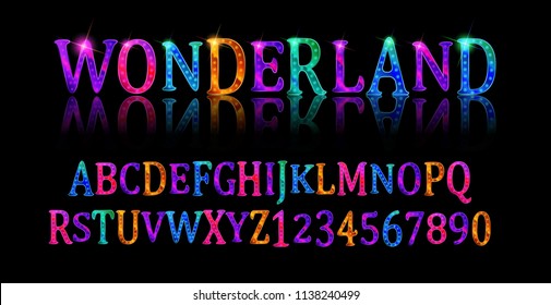 Wonderland font. Fairy ABC. Set of letters. Magical beast with long striped tail. Vector illustration
