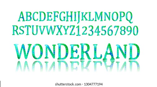 Wonderland font. Fairy ABC. Set of letters. Magical beast with long striped tail. Vector illustration