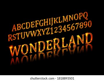 Wonderland font. Fairy ABC. Set of letters. Magical beast with long striped tail. Vector illustration