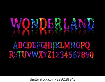 Wonderland font. Fairy ABC. Set of letters. Magical beast with long striped tail. Vector illustration