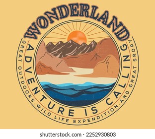 Wonderland graphic print design. Rocky mountain river artwork for t-shirt, poster and others.