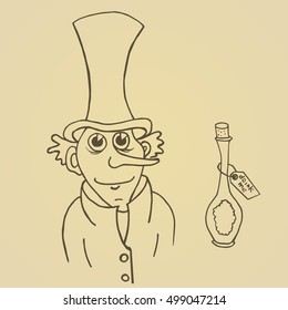 Wonderland hand drawn element. Mad Hatter. Vector vintage monochrome illustration.