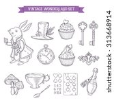 Wonderland hand drawn set of design elements. Vector vintage monochrome illustration.