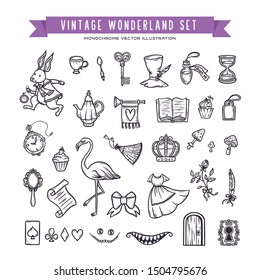 Wonderland hand drawn set of design elements. Vector vintage monochrome illustration.