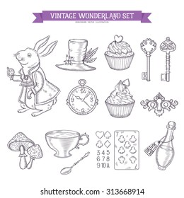 Wonderland hand drawn set of design elements. Vector vintage monochrome illustration.