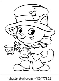 Wonderland, Hatter cat. Coloring. Cartoon Vector Illustration. Isolated on white background.