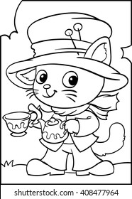 Wonderland, Hatter cat. Coloring. Cartoon Vector Illustration. Isolated on white background.