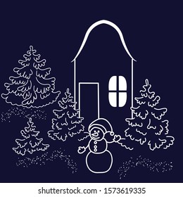 Wonderland house in the forest at christmas eve. Laser cut. Doodle vector illustration. Template for laser cutting, wood carving, plotter cutting and printing. Cute card invitation. 