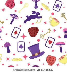 Wonderland pattern elements rabbit, Cheshire cat, flamingo cards hat cup and mushrooms and clock