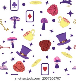 Wonderland pattern elements rabbit, Cheshire cat, flamingo cards hat cup and mushrooms and clock