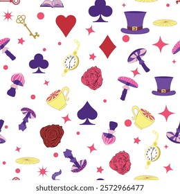 Wonderland pattern elements rabbit, Cheshire cat, flamingo cards hat cup and mushrooms and clock