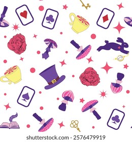 Wonderland pattern elements rabbit, Cheshire cat, flamingo cards hat cup and mushrooms and clock