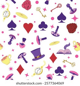 Wonderland pattern elements rabbit, Cheshire cat, flamingo cards hat cup and mushrooms and clock