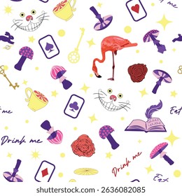 Wonderland pattern elements rabbit, Cheshire cat, flamingo cards hat cup and mushrooms and clock