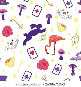 Wonderland pattern elements rabbit, Cheshire cat, flamingo cards hat cup and mushrooms and clock
