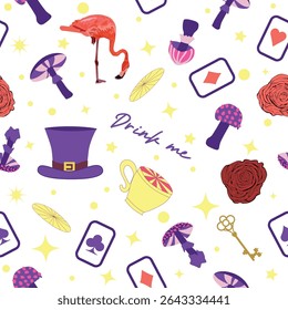 Wonderland pattern elements rabbit, Cheshire cat, flamingo cards hat cup and mushrooms and clock