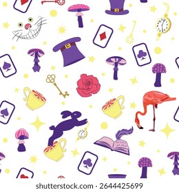 Wonderland pattern elements rabbit, Cheshire cat, flamingo cards hat cup and mushrooms and clock