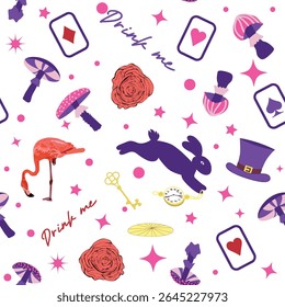 Wonderland pattern elements rabbit, Cheshire cat, flamingo cards hat cup and mushrooms and clock