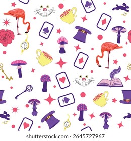 Wonderland pattern elements rabbit, Cheshire cat, flamingo cards hat cup and mushrooms and clock