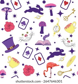 Wonderland pattern elements rabbit, Cheshire cat, flamingo cards hat cup and mushrooms and clock