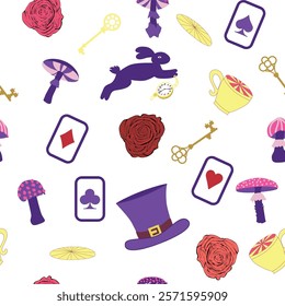 Wonderland pattern elements roses, rabbit, Cheshire cat, flamingo cards hat cup and mushrooms and clock