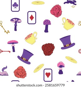 Wonderland pattern elements roses, rabbit, Cheshire cat, flamingo cards hat cup and mushrooms and clock