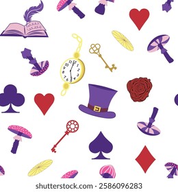 Wonderland pattern elements roses, rabbit, Cheshire cat, flamingo cards hat cup and mushrooms and clock