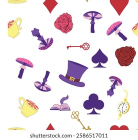 Wonderland pattern elements roses, rabbit, Cheshire cat, flamingo cards hat cup and mushrooms and clock