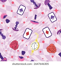 Wonderland pattern elements roses, rabbit, Cheshire cat, flamingo cards hat cup and mushrooms and clock