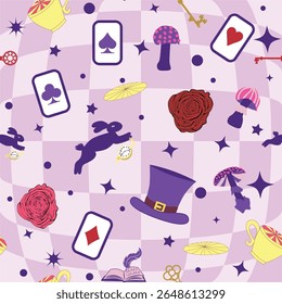 Wonderland pattern elements roses, rabbit, Cheshire cat, flamingo cards hat cup and mushrooms and clock