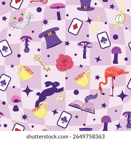 Wonderland pattern elements roses, rabbit, Cheshire cat, flamingo cards hat cup and mushrooms and clock