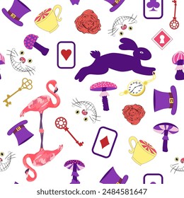 Wonderland pattern: rabbit, Cheshire cat, flamingo, cards, hat, keys cup mushrooms clock and roses