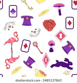 Wonderland pattern: rabbit, Cheshire cat, flamingo, cards, hat, keys cup mushrooms clock and roses