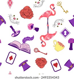 Wonderland pattern: rabbit, Cheshire cat, flamingo, cards, hat, keys cup mushrooms clock and roses