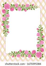 Wonderland pink roses on  chess background. Beautiful wreath of roses, leaves and bindweed. Frame with a place for text. vector illustration, greeting card , invitation, banner