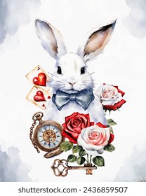 Wonderland poster, banner, greeting card.  Watercolor white rabbit,key, clock, cards, red and white roses on  white watercolor background. Vector illustrations